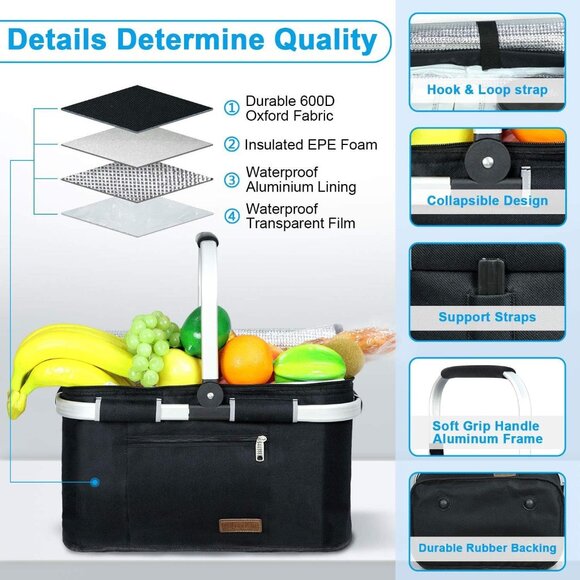 35L Large Picnic Basket 2 Layers of Internal Pockets Leak-Proof and Insulated - Picture 3 of 7